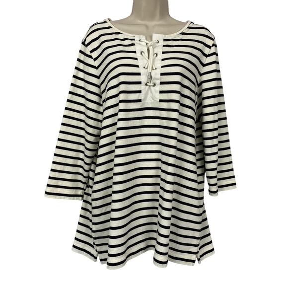 Lands End Tunic Top Womens 1X Black Cream Stripe Lace Up Nautical Beach Coastal - Picture 1 of 12